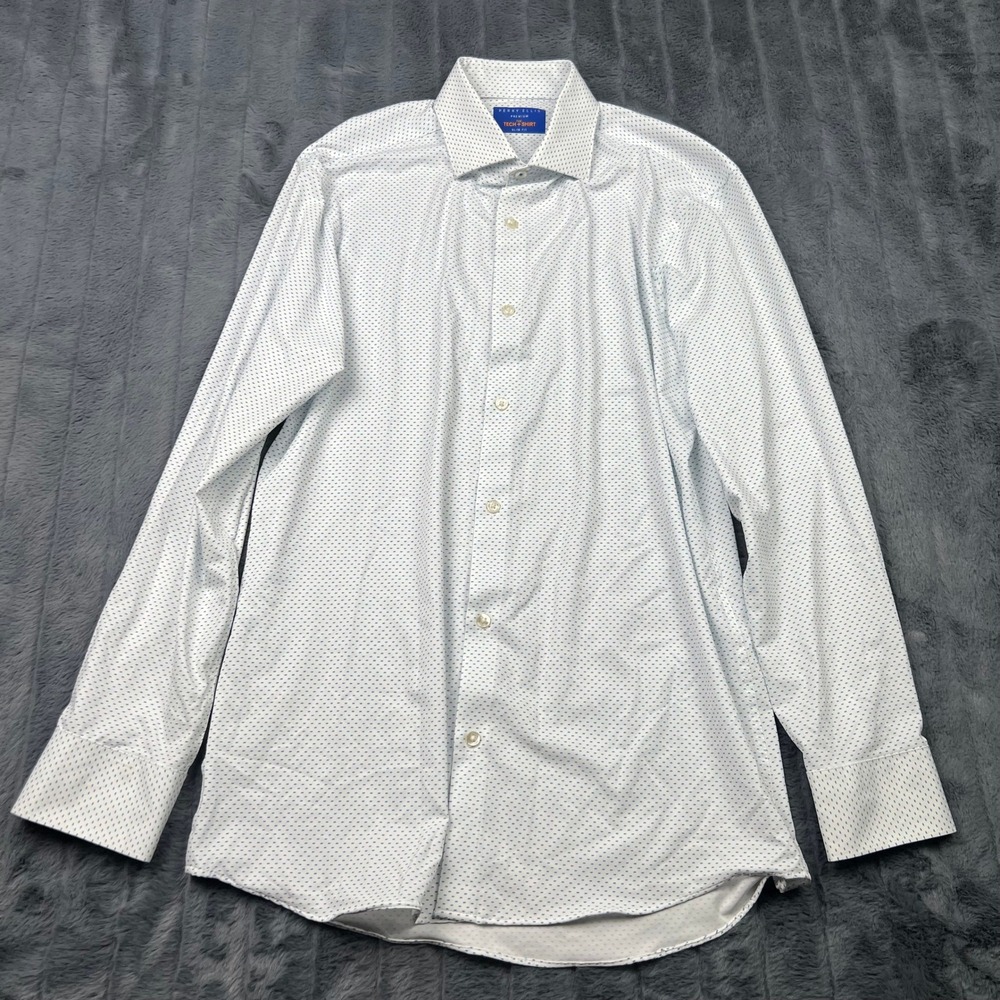 Perry Ellis Premium The Tech Shirt Slim Fit Mens 15 32/33 White Blue Geometric